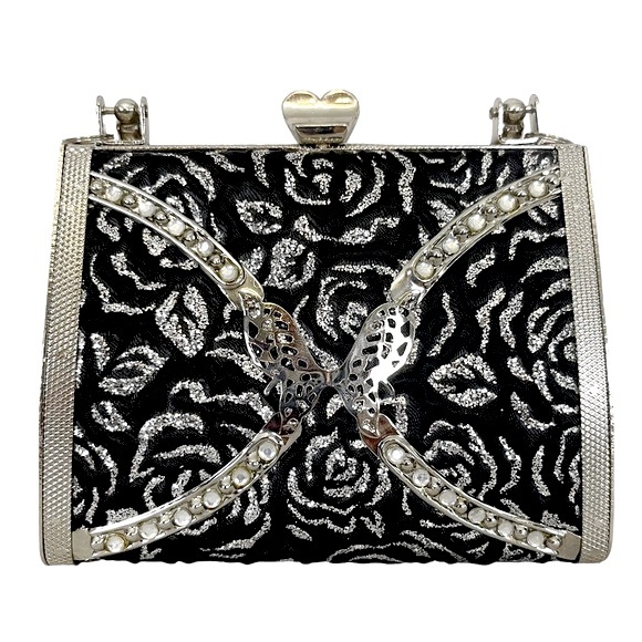 Y2K Ornate Silver Butterfly & Glitter Rose Fabric Clasp Top Mini Hard Bag - Picture 2 of 6